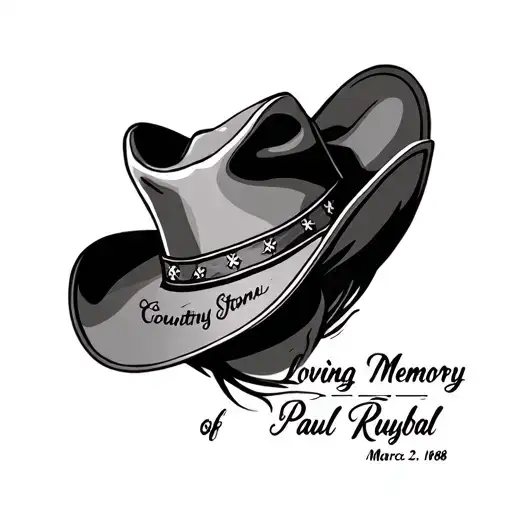  tattoo with the words loving memory of Paul Ruybal March 22, 1968 in a cowboy hat  with Country Stong  tattoo design idea