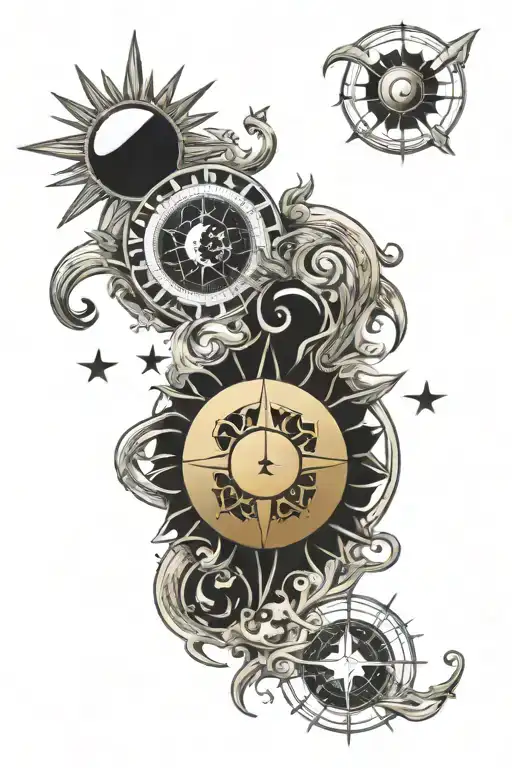 cumpus symbols  sun, moon, hands of time and space  , cumpus , navagtion,, path finder,  tattoo design idea