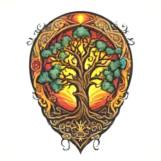tree of life in flame like aura Vibrant colors surrounding tattoo design idea