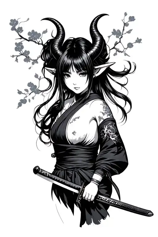 Japanese girl with little horn holding Katana Sword whole body tattoo design idea