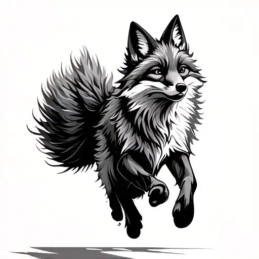 Tiny abstract running fox tattoo, rib placement. Dynamic pose: fox in motion, side profile, head turned (eyes open/squin tattoo design idea