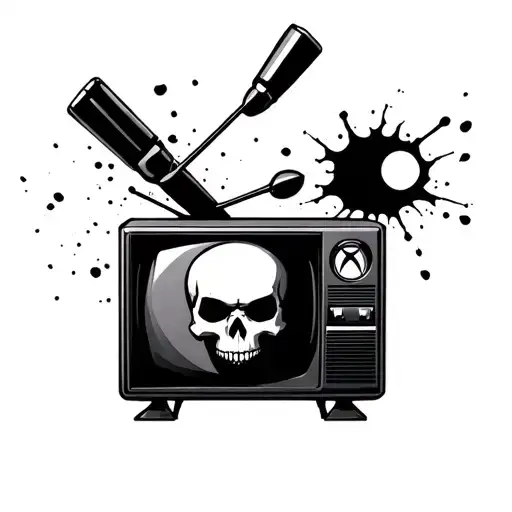 orange skull xbox 360 logo on retro tv with bullet hole in it tattoo design idea