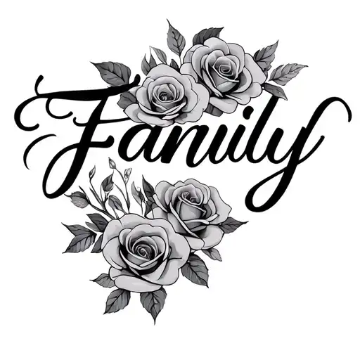 family written in  calligraphy font surrounded by open roses tattoo design idea