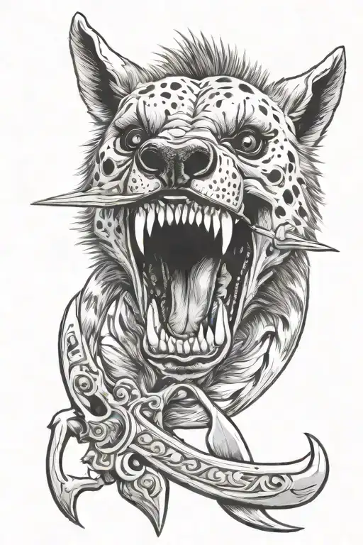 hyena skull with dagger going through mouth open tattoo design idea