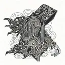 An intricate tattoo design of a hacker silhouette wearing a hooded cloak and surrounded by digital circuitry and encryption algorithms tattoo design idea