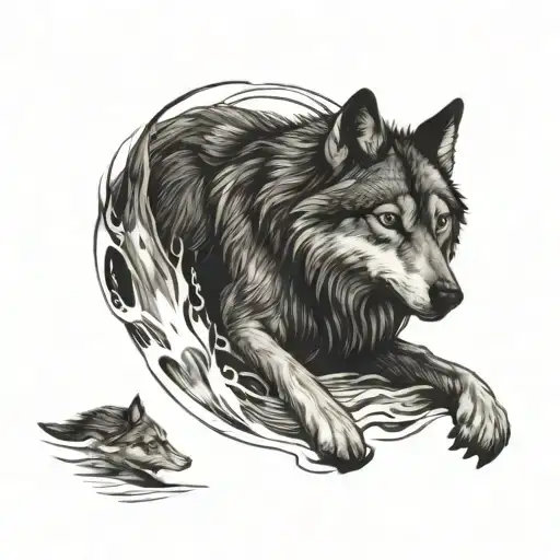 An upper arm tattoo of a fierce alpha wolf with its pup in the night stepping on water or fire . Rep me and my daughter  tattoo design idea