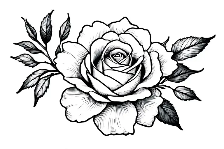 A delicate fine line tattoo of a rose or cherry blossom, with soft flowing petals and a subtle shadow effect. In the cen tattoo design idea