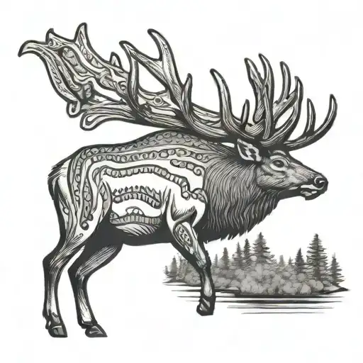bull elk standing with rainbow trout swimming tattoo design idea