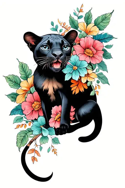 cute classic crawling panther and florals tattoo design idea