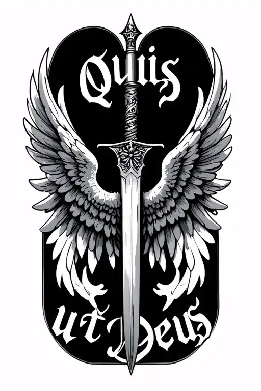 "Quis ut Deus" st michael archangel blade and wings symetrical  tattoo design idea