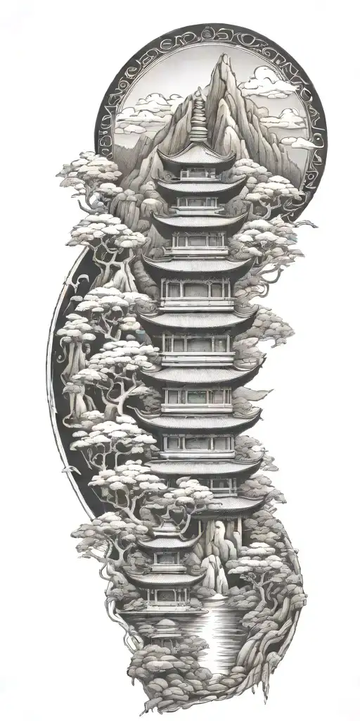 buddhist inpired tattoo focusing on scenary of temples, water, mountains and with lotus, koi, bamboo, and budda tattoo design idea