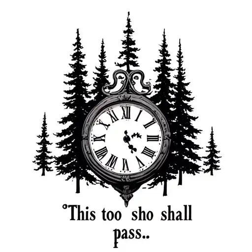"This too shall pass…" "This too shall pass…" "This too shall pass…" simple roman clock with tall trees tattoo design idea