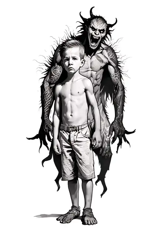 a young boy standing and morphing into an adult with a scary demon towering behind wrapped around him tattoo design idea