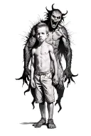 a young boy standing and morphing into an adult with a scary demon towering behind wrapped around him tattoo design idea
