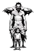 a young boy standing and morphing into an adult with a scary demon towering behind wrapped around him tattoo design idea