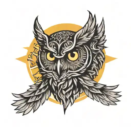 owl head with big wings and sun moon background black tattoo design idea
