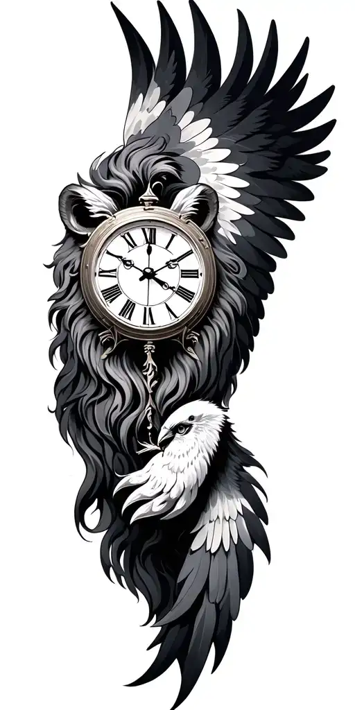 lion clock and bird wings tattoo design idea
