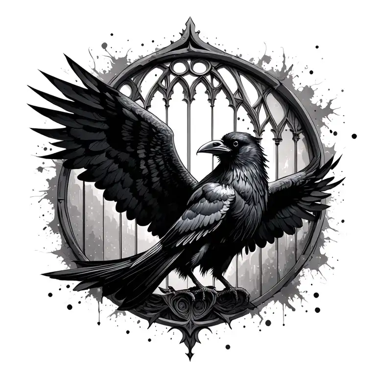 raven with opened wings needletrees gothic cathedral window splatter effects tribal tattoo design idea