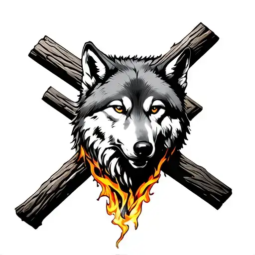 A dark, grunge-inspired blackwork tattoo featuring a wolf hanging on a rugged cross, engulfed in flames. The wolf’s face tattoo design idea