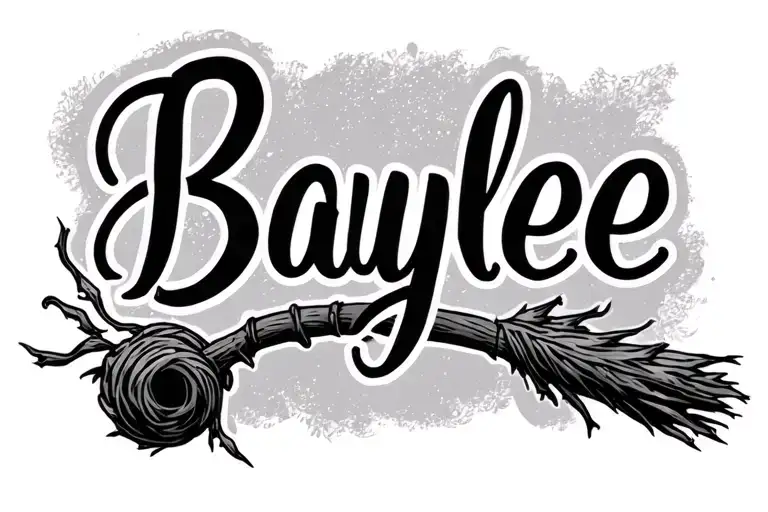 wife's name tattoo "Baylee" written on a witch's broom tattoo design idea