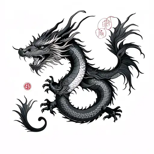 Dragon with astrological sign of Chinese fish and monkey of tranquility and peace tattoo design idea