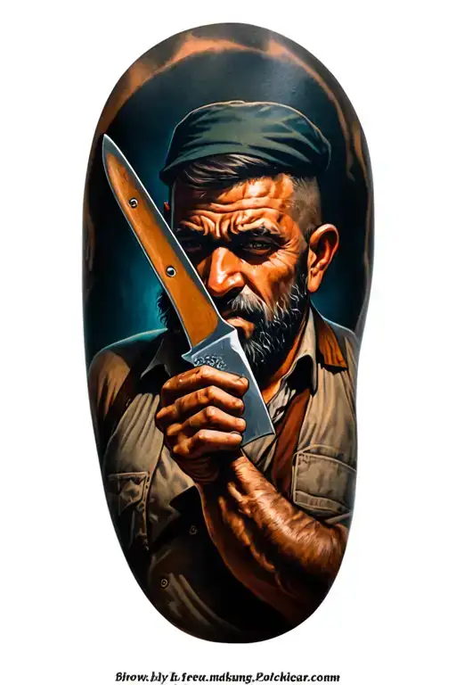 Butcher from New York gangs with a meaty knife Realism tattoo design idea