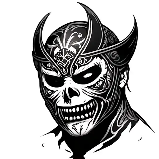 zombie face wearing a luchador mask adorned tattoo design idea