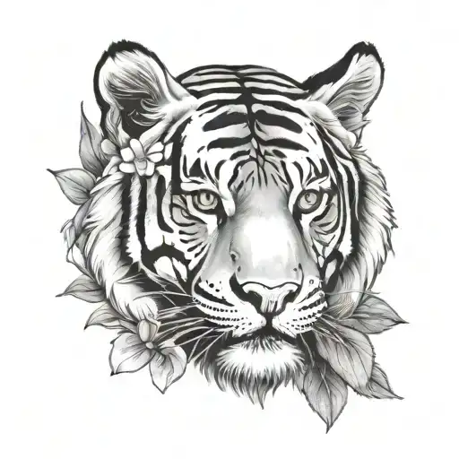 Tiger face and blossom flowers tattoo design idea