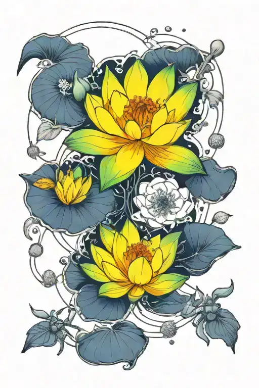 lotus flower, crab, moon phases tattoo design idea