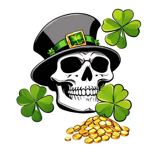 leprechaun skull, pot of gold, four leaf clover tattoo design idea