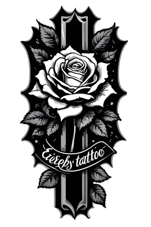 cross with rose and words tattoo design idea