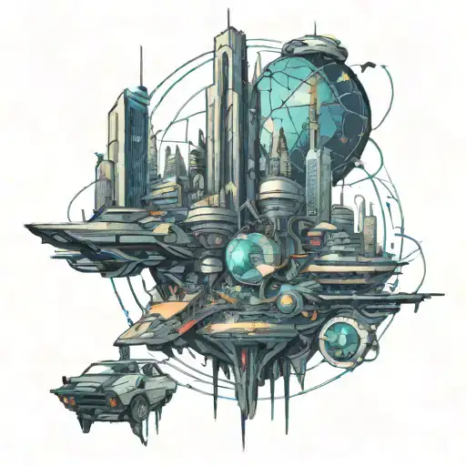 A cyberpunk-inspired tattoo featuring a futuristic internet cityscape with students navigating through the digital world tattoo design idea