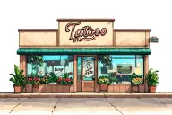 outside of 2 story tattoo shop with big windows and plants inside them tattoo design idea