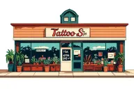 outside of 2 story tattoo shop with big windows and plants inside them tattoo design idea