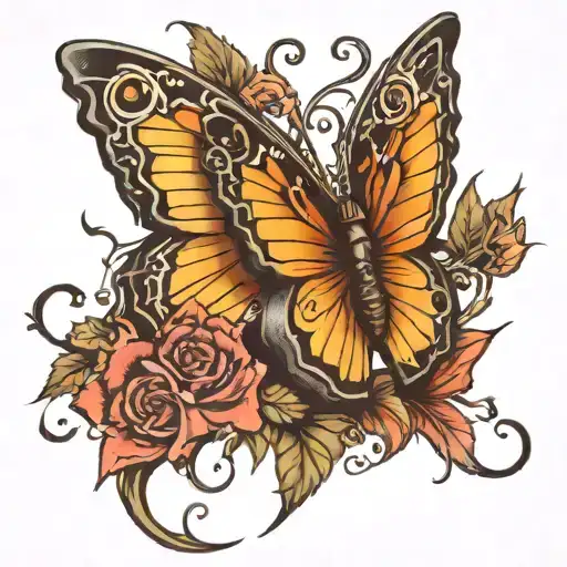 butterfly broken wing with guitar intertwined tattoo design idea
