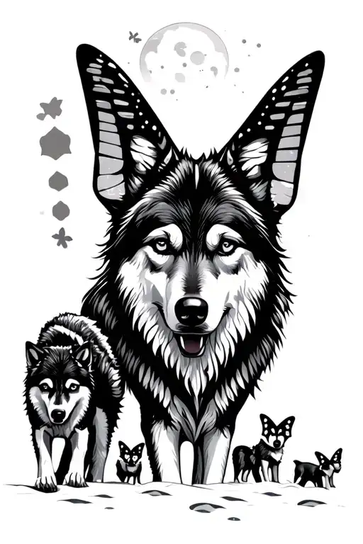 mama wolf and 6 wolf pups, butterflies, and 8 sets of wolf pup tracks in the snow howling at the moon tattoo design idea
