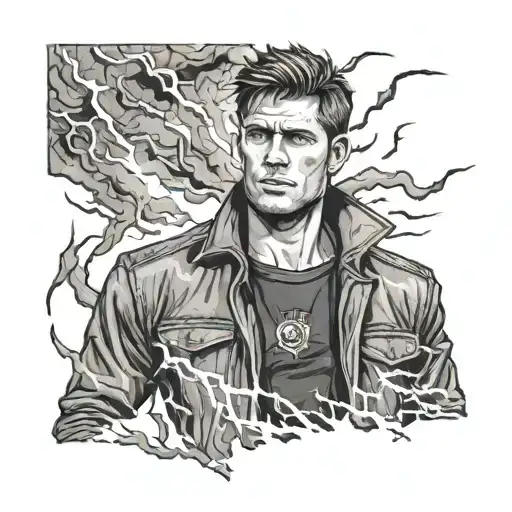 Dean Winchester standing strong in a storm, with lightning striking around him representing resilience tattoo design idea