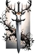 very thin swords wrapped  with deer head handle small leaves running vines tattoo design idea