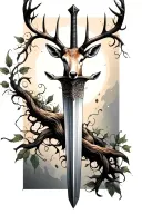 very thin swords wrapped  with deer head handle small leaves running vines tattoo design idea