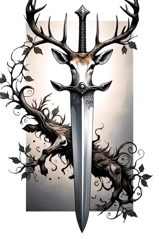 very thin swords wrapped  with deer head handle small leaves running vines tattoo design idea