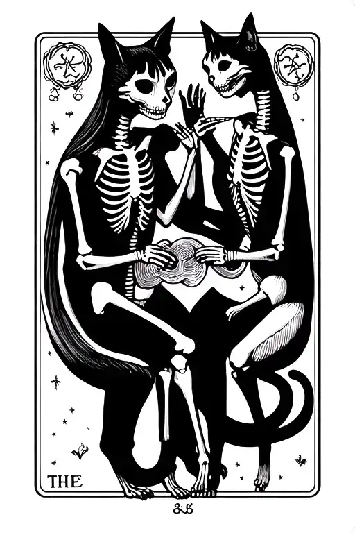 Tarot card The Lovers with skeleton cats playing tattoo design idea