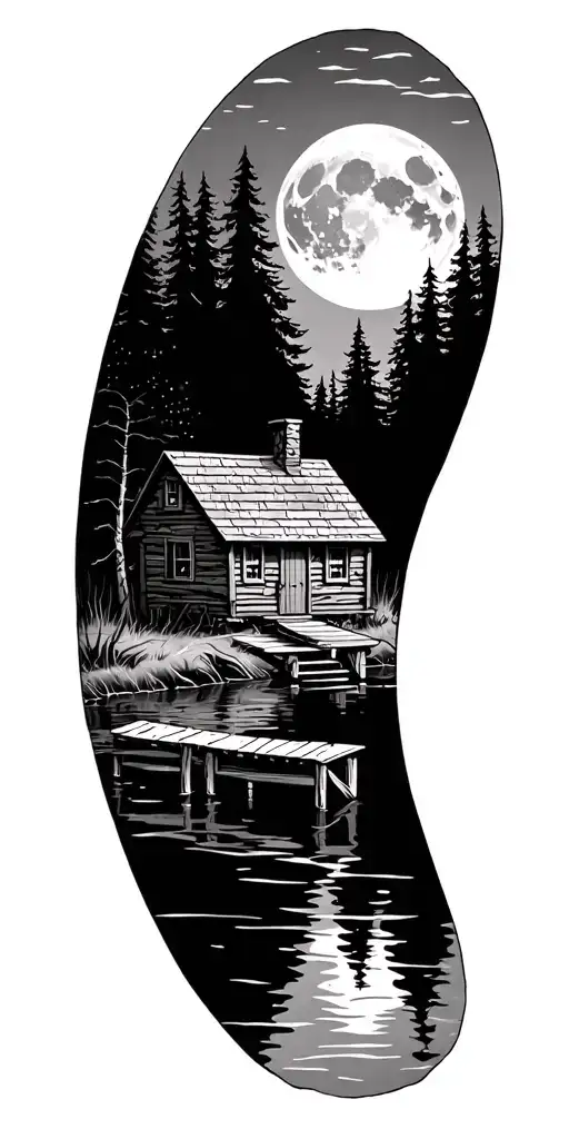 small dock next to a cabin on a forest pond under the moon  tattoo design idea