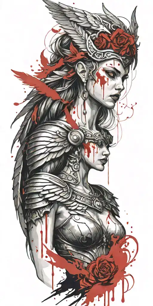 Craft a tattoo design of a Valkyrie with blood red wings, embodying the client's passion for both Viking mythology and vampire aesthetics tattoo design idea
