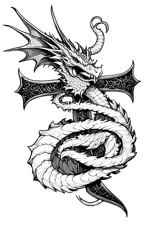 mid evil dragon wrapping around a cross tattoo design idea