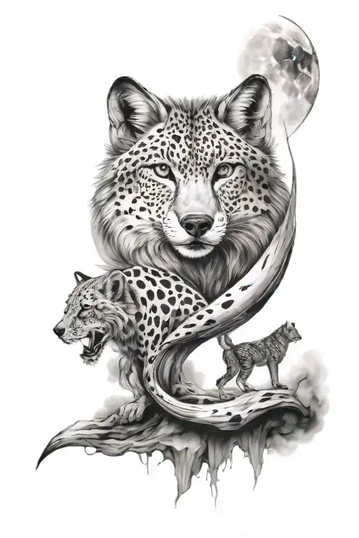sleeve tattoo with a wolf, moon and a cheetah  tattoo design idea