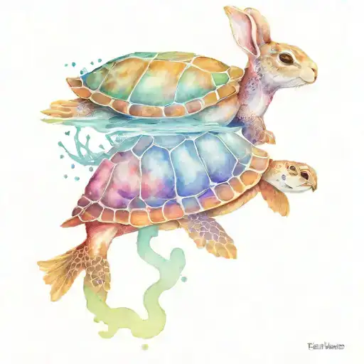 rabbit and sea turtle swimming tattoo design idea