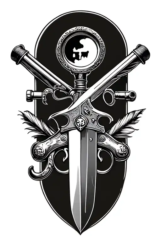 flintlock pistol crossed with cutlass sword crossed with magnifying glass crossed with quill pen tattoo design idea