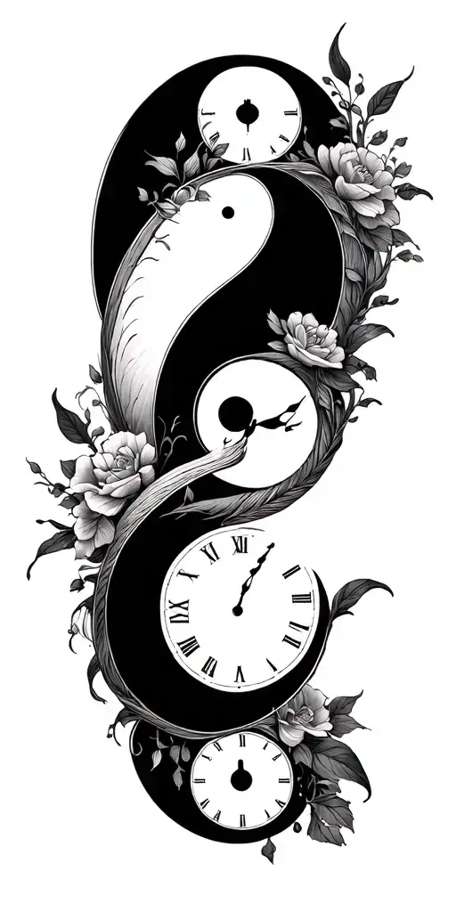 yin and yang with clock tattoo less shading more line tattoo design idea