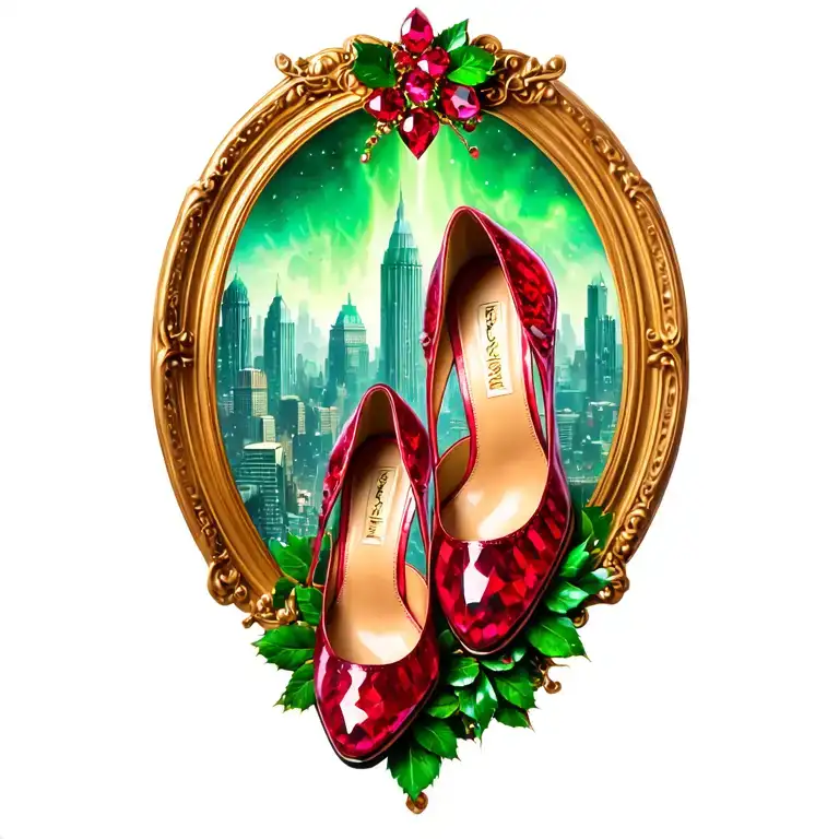 low heal ruby slippers with emerald city in background tattoo design idea