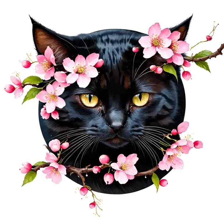 realistic black female cat with cherry blossoms branches  tattoo design idea
